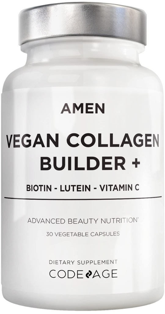 Amen Plantebasert Vegan Collagen Builder Supplement - organiske hele matvarer, Lutein, Vitamin C, Biotin, Lysin, Proline Collagen Boosters - organisk tranebær, sitron, jordbær - En gang om dagen - 30 kapsler