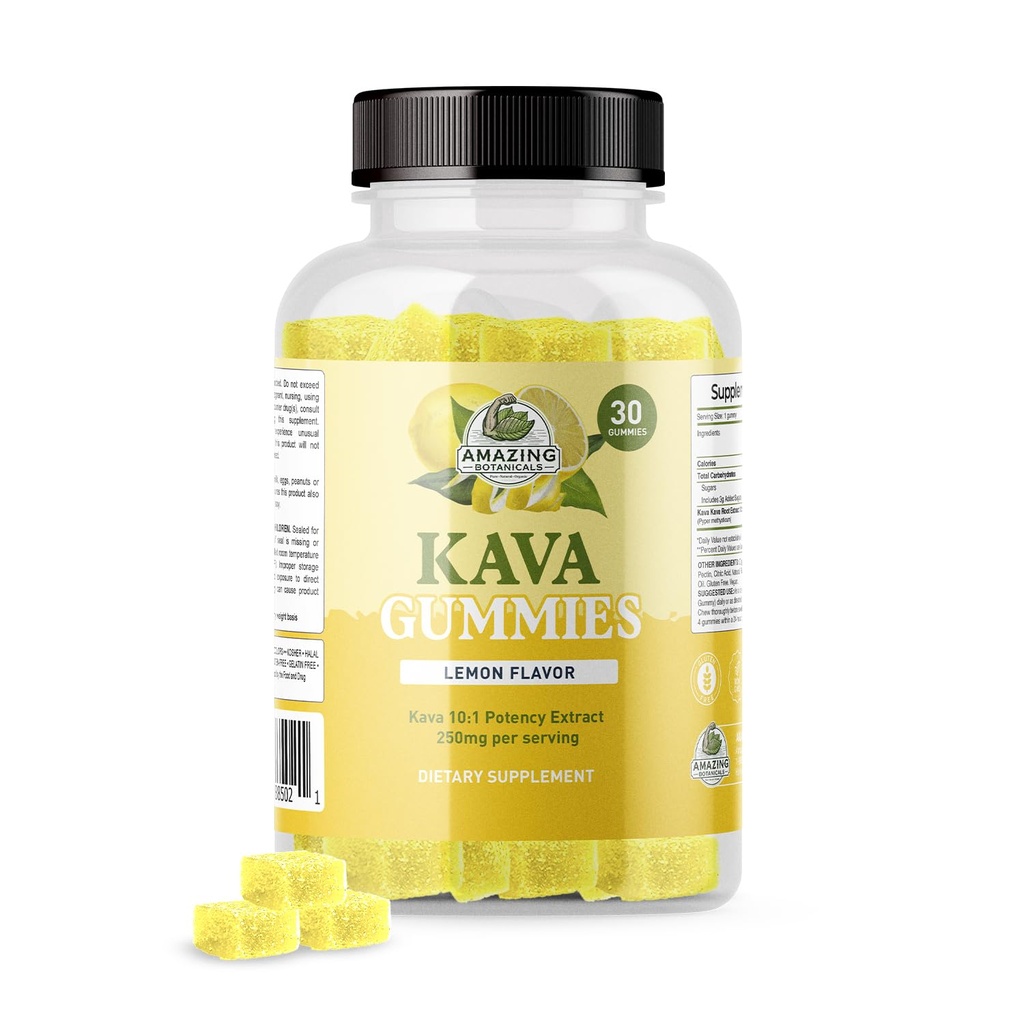 Amazing Botanicals Zesty Lemon Kava Gummies - 250mg per gummy - Naturlig søvnhjelp for avslapning og hvilefulle netter, ikke-GMO, Vegansk, Glutenfri - 30 Gummies