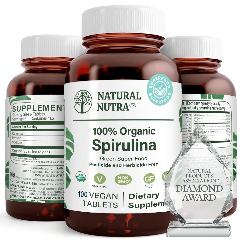 Naturlig Nutra 100% USDA organiske Spirulina tabletter, hjelper opprettholde kroppsfett, fremmer lever helse, fremmer immunsystemet, bidrar til å forbedre metabolisme, fremmer immunforsvar, 300 mg, 100 vegan tabletter
