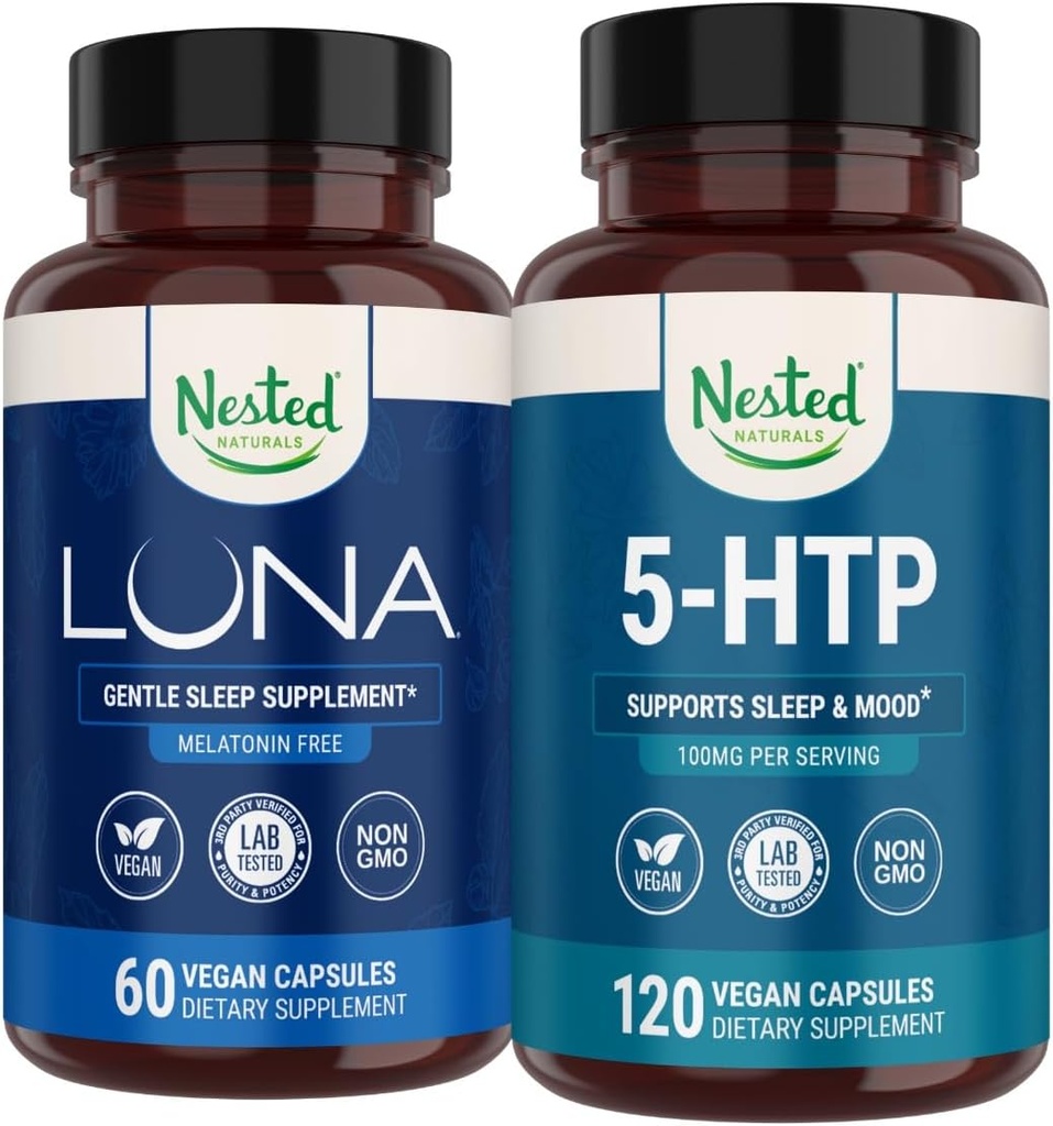 Anbragt Naturals Luna Melatonin-fri søvn Supplement (60 veganske kapsler) & 5-HTP 100 mg (120 veganske kapsler) for forbedret søvn, avslapning og humør