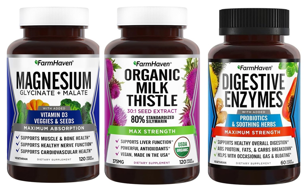 FarmHaven Magnesium Glycinate & Malate + Melk Thistle + Digestive Enzymer med probiotika