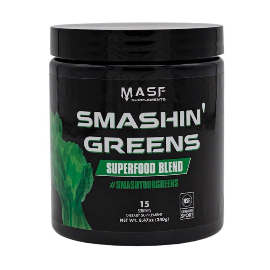 MASF Supplements Smashin' Greens Superfood Økologisk blanding - 15 Serveringer - Økt energi, immunstøtte, Digestiv helse med organisk hvetekorn, Spirulina, Klorella - NSF Certifisert
