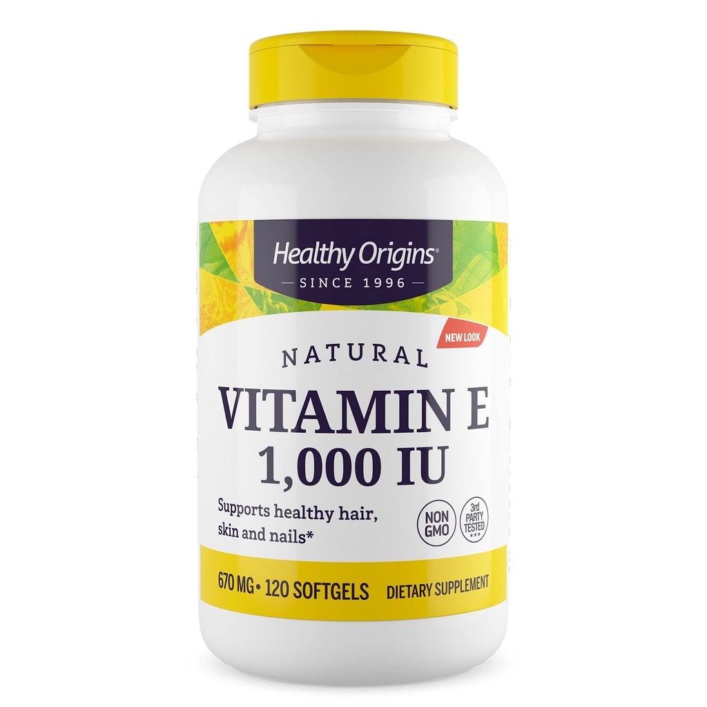Sunn Origins E-vitamin, 1000 IU (Naturlig) Blandede tokoferoler - vitamin E-tilskudd - Glutenfri og ikke-GMO hud, hår og negler vitamin - 120 Softgels