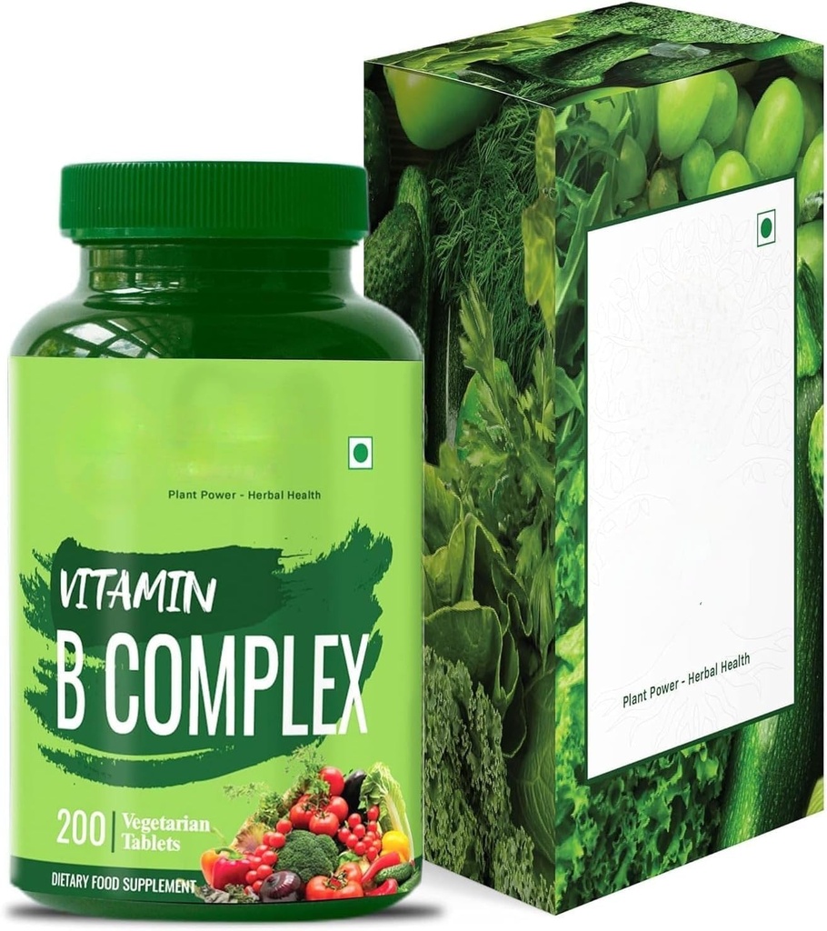 vitamin B-kompleks 100% RDA - 200 tabletter / kapsler - B-vitaminer Supplement (B1, B2, B3, B5, B6, B7, B9, B12), Grønn