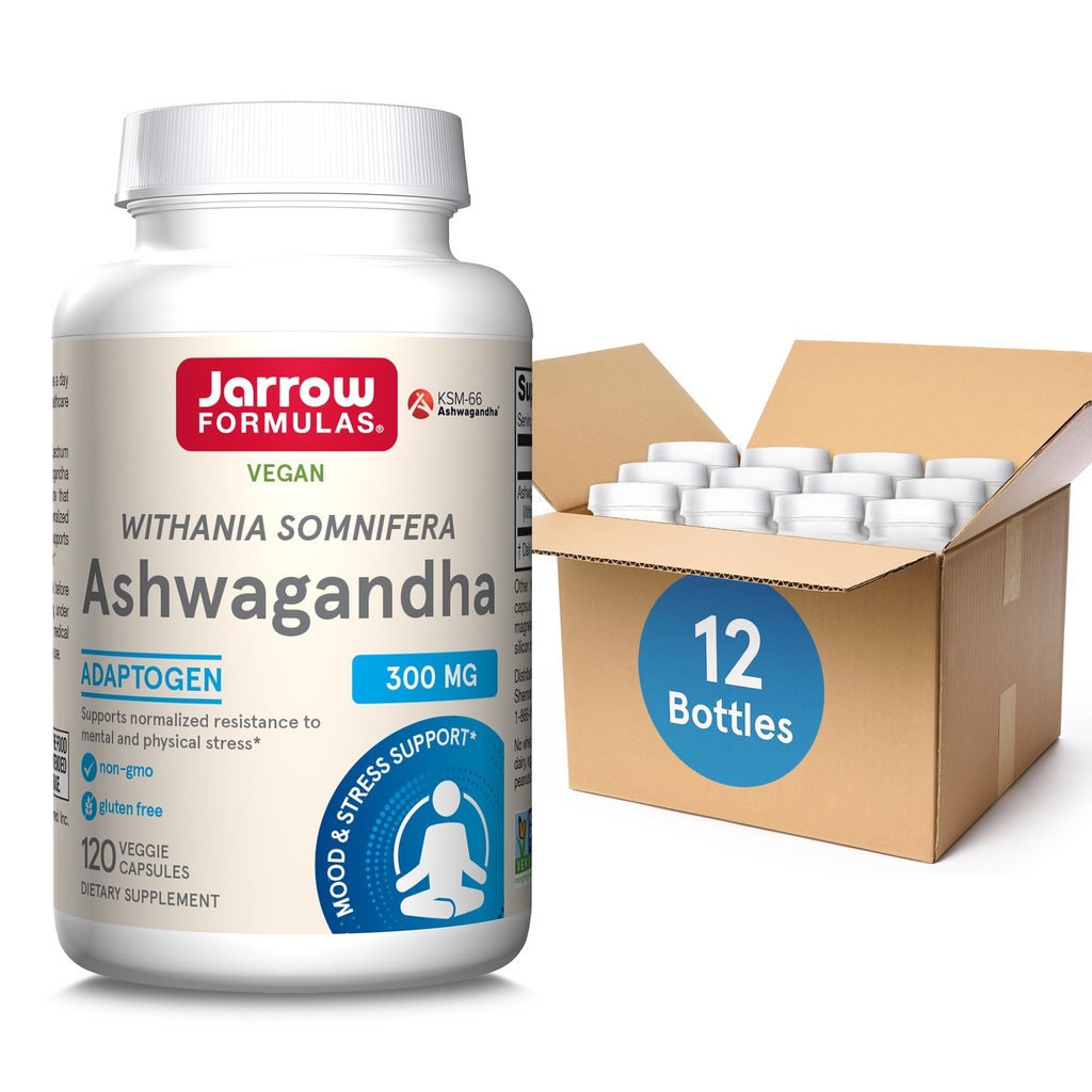 Jarrow Formulas Ashwagandha 300 mg - 120 Veggie Capsules - Total helse og motstand mot tretthet - Supplement støtter utholdenhet, muskelgjenvinning og kognitiv helse - 60 Services (pakke av 12)