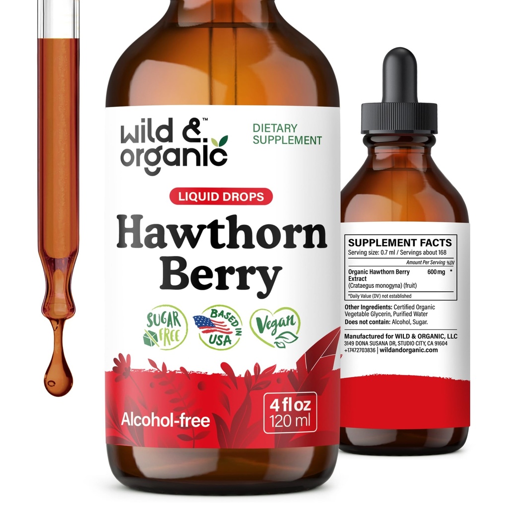 Wild & Organic Hawthorn Berry Tinktur 600 mg - flytende Hawthorne Berry Supplement for generell støtte - Vegan, Sukker & alkoholfri frukt ekstrakt dråper - 4 fl oz