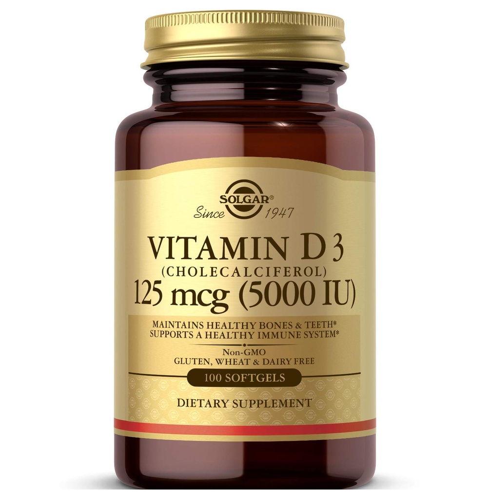 Solgar vitamin D3 (Cholecalciferol) 125 MCG (5000 IU), 100 Softgels - Hjelper å opprettholde sunne bein og tenner - Immunsystemstøtte - Ikke GMO, Glutenfri, Dairy Free - 100 Services