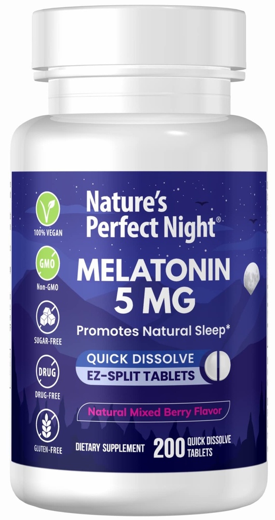 Naturens perfekte natt | Melatonin 5mg | 200 hurtigoppløselige tabletter | Naturlig blandet Berry Flavor | Foretrukne Potens | Sukkerfri | Vegansk | Glutenfri | verdi Størrelse