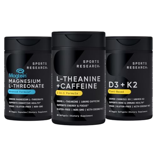 Idrettsforskning Magtein Magnesium L-Treonate Kapsler (2000mg, 90 Kapsler), Vegansk Vitamin D3 + K2 w/Organic Coconut Oil (5000iu VIT. D 100mcg Mk7 VIT. K, 60 Softgels) og L-Theanine (200mg, 60ct)