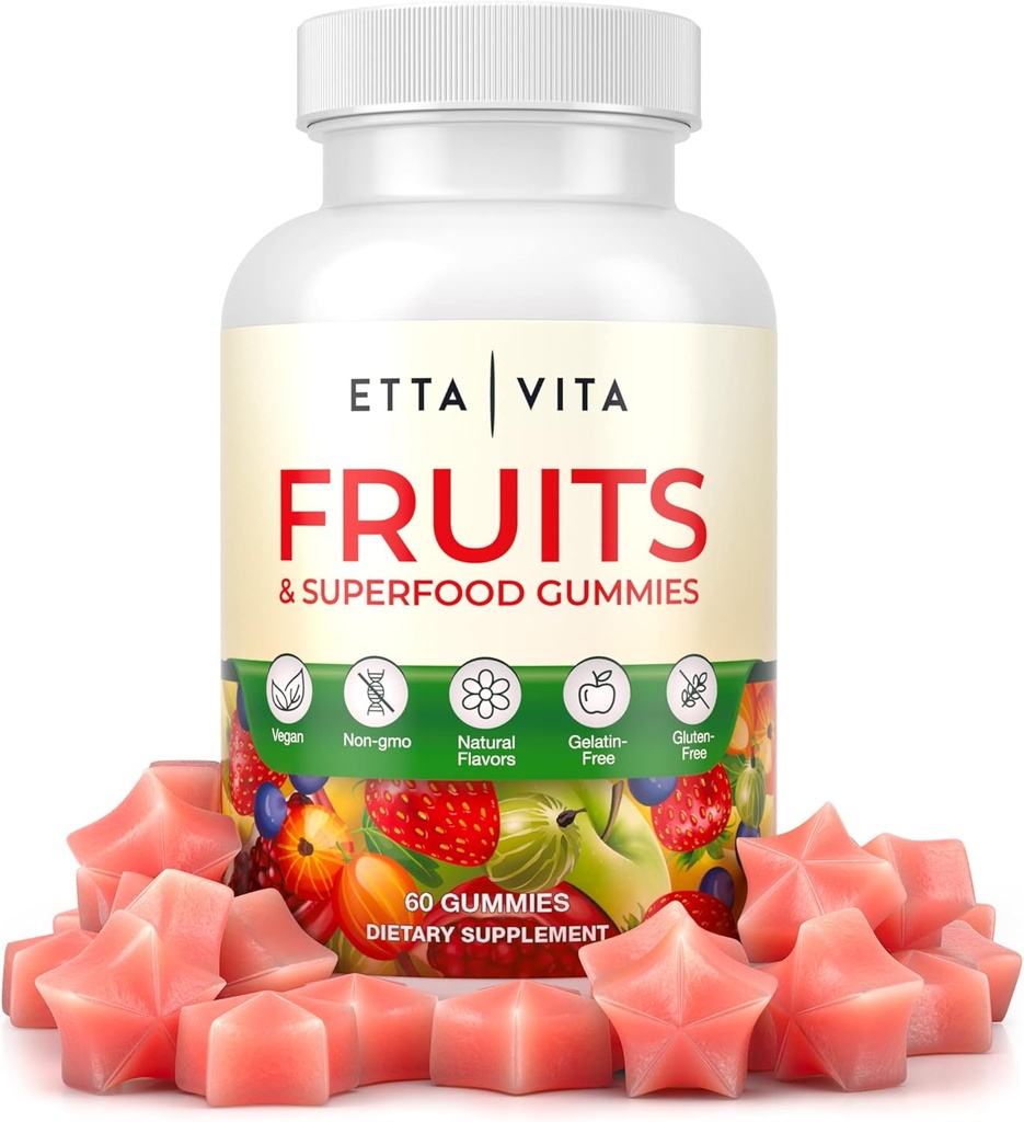 Superfrukter Gummier Supplement for Bloating & Gut Helse, 9 Superfrukter Supplement for voksne og barn, Collagen Booster - Immunitet og antioksidant støtte, ikke-GMO, Pektin-basert, Glutenfri, Ingen kapsler