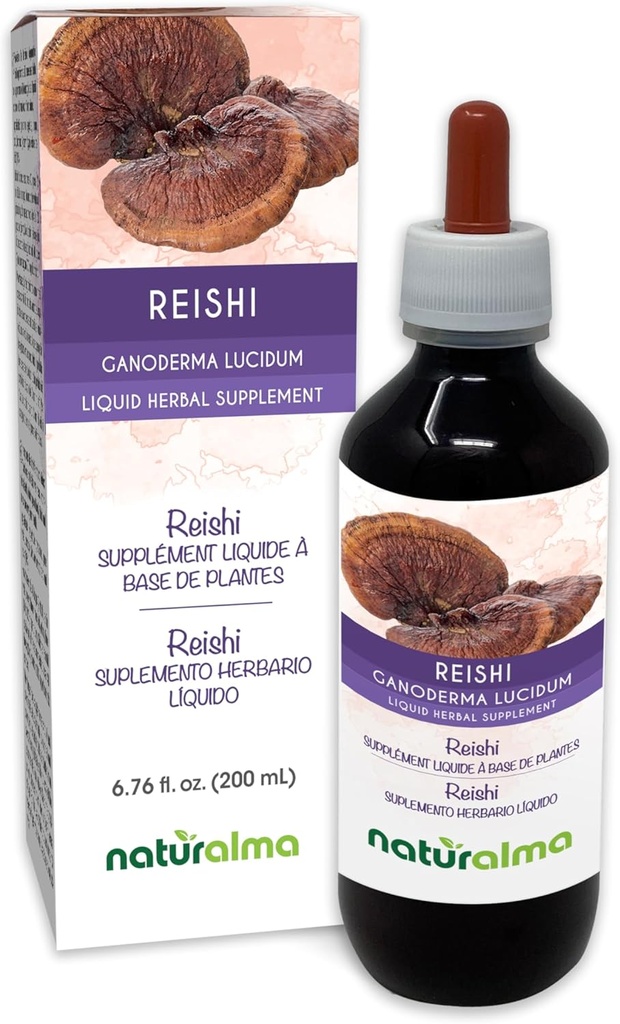 Naturalma Reishi (Ganoderma lucidum) Fungus eller Mushroom alkoholfri tinktur - 6,76 fl oz flytende ekstrakt i dråper - Herbal Supplement - Vegan