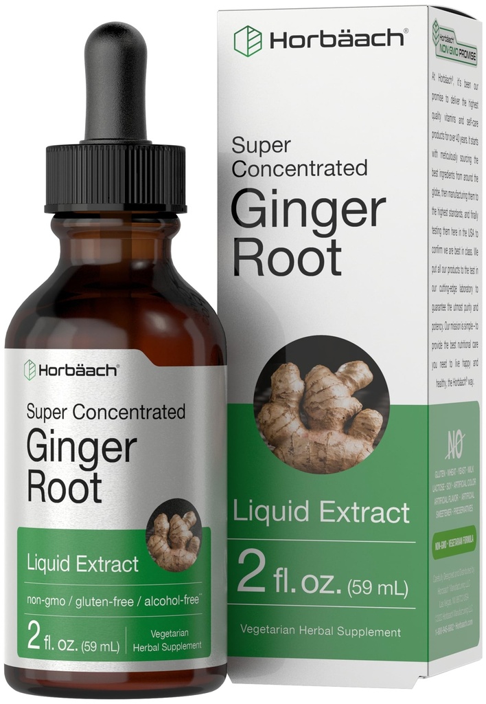 Horbäach Ginger Root Extract Væske | 2 oz | Alkohol Gratis Supplement | Super konsentrert | Vegetarisk, ikke-GMO, Glutenfri