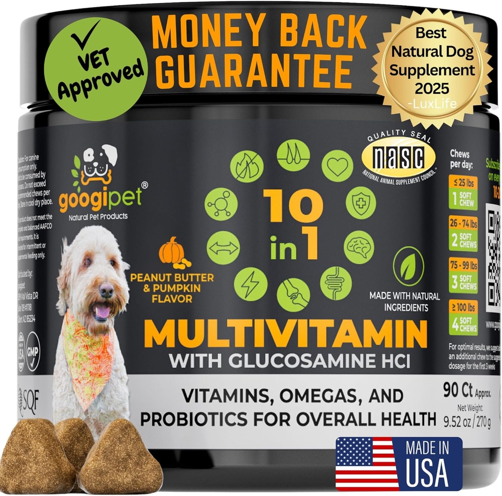 Googipet Premium 10 i 1 Hundevitaminer Multivitamin Chewable med probiotika for Gut Helse, Hundevitaminer og kosttilskudd w/Vitamin C & Glukosamine for felles støtte (Peanut Butter & Pumpkin Flavor)