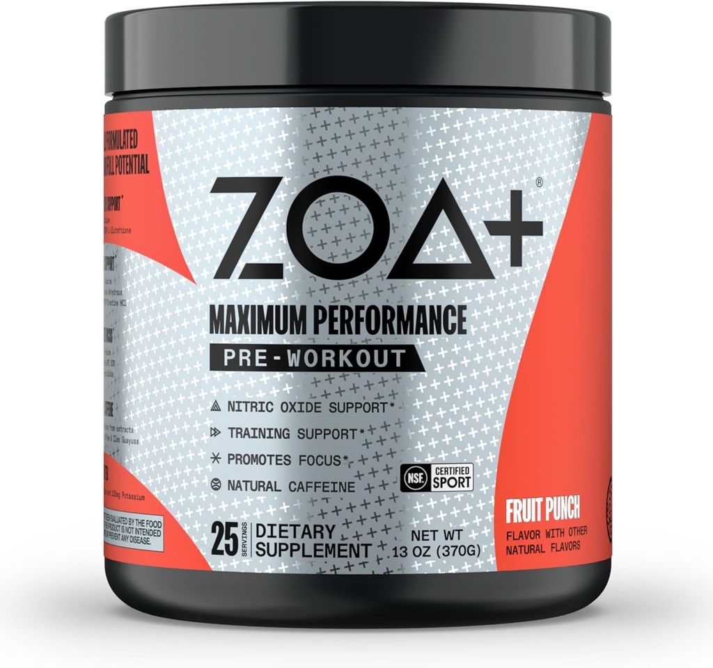 ZOA + Zero sukker pre trening pulver, frukt punch - NSF sertifisert for sport med elektrolyter, kreatin, beta alanine, Ginkgo Biloba, 200mg koffein - 25 serveringer