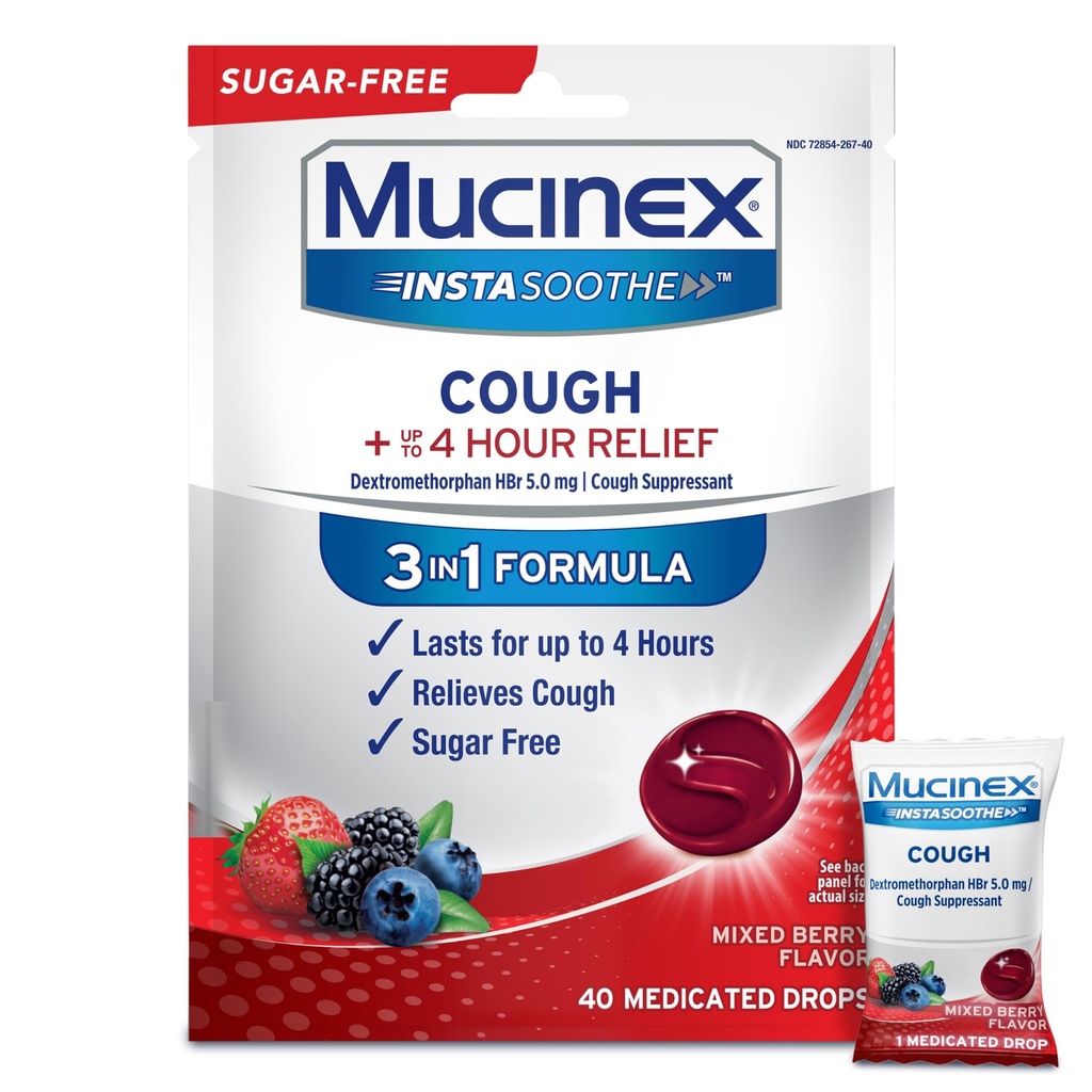 Mucinex Instasoothe sukkerfri Cough drops, Cough medisin for voksne med Dextromethorphan HBr, ikke Menthol Cough drops, Cough Suppressant Lozenges, Blandet Berry Medisinert Cough drops, 40ct
