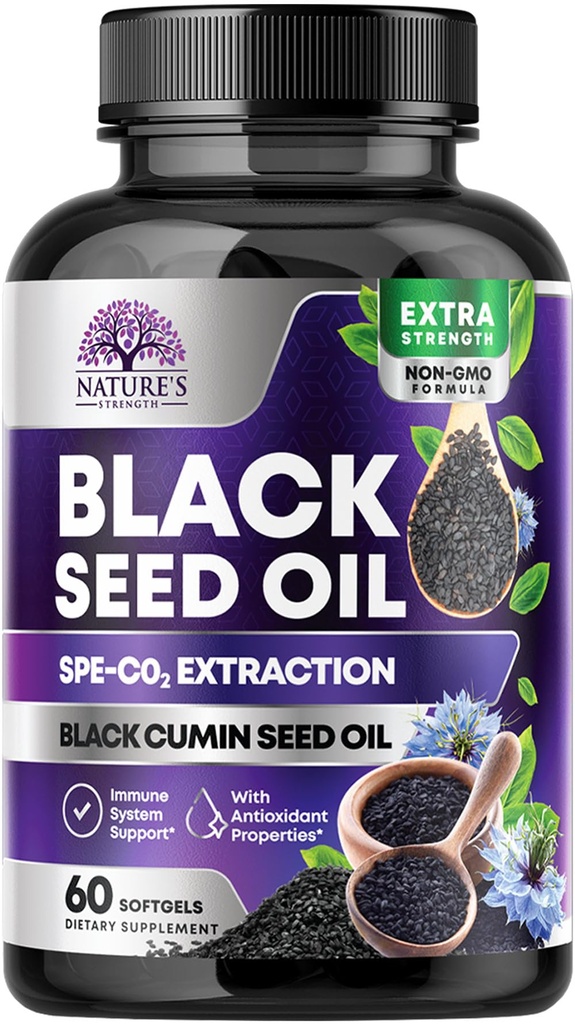 Svart Seed Oil Capsules 1000mg med Thymoquinon - ren Nigela Sativa for hud helse og immun støtte, 100% svartfrøolje, Amazing ekstraksjon over kalde presset svart cuminfrø - 60 Softgels