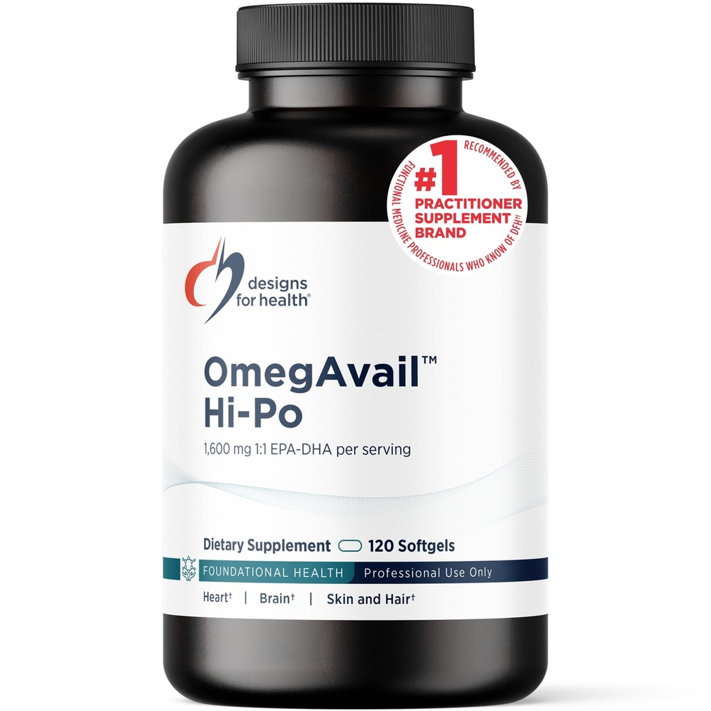 Designer for helse OmegAvail Hi-Po - TG (Triglyceride) Omega-3 Fish Oil Supplement, 1600mg EPA / DHA per servering med sitron + vitamin E å minimere fiskesmak (120 Softgels)