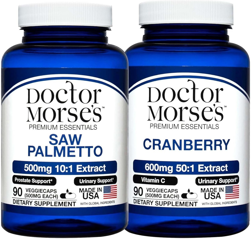 Doktor Morse saw Palmetto 5000mg & Cranberry 30000mg Bundle - Prostata Helse, urinveistrakt støtte, og total velvære for menn og kvinner, FDA-Registrert, NSF-sertifisert 90 kapsler