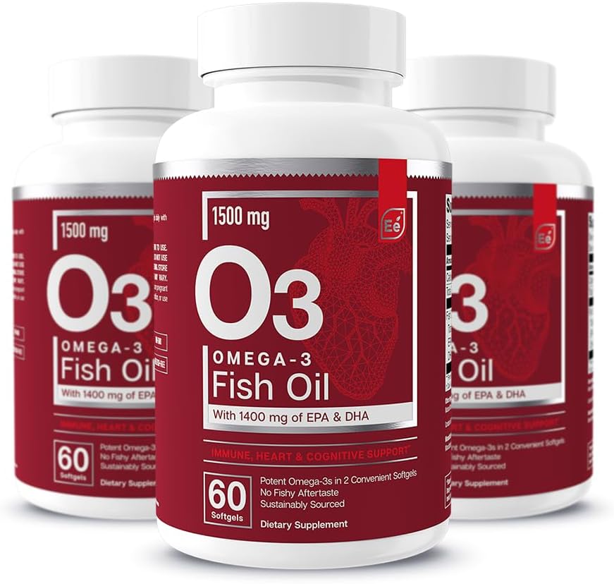 Essensielle elementer Omega-3 Fish Oil Supplement med EPA & DHA | Fattysyrer for immun, hjerte og kognitiv støtte | 60 Softgels (3-Pack)