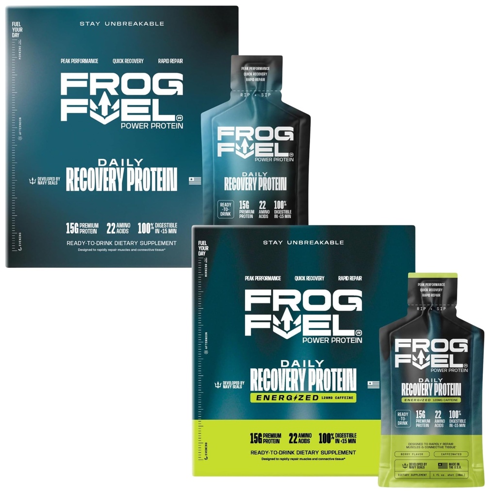 Frog brenselkraft Regular & Power Energized Fullstendig Protein Shot Bundle, 15g Protein Nano-Hydrolysert Gras Fed Collage, Post Trening, Fat & Sukker Gratis, 22 Aminosyrer, Berry, 1 oz Packets, 48 Pack