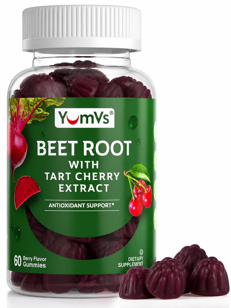 YUM-V'S Beet Root Gummies med Tart Cherry Extract - Berry Flavor Beetroot Gummies - Beet Chews for blodsirkulasjon og antioksidant støtte - Røde Beets Gummies (Berry 60 Count (Pack of 1)