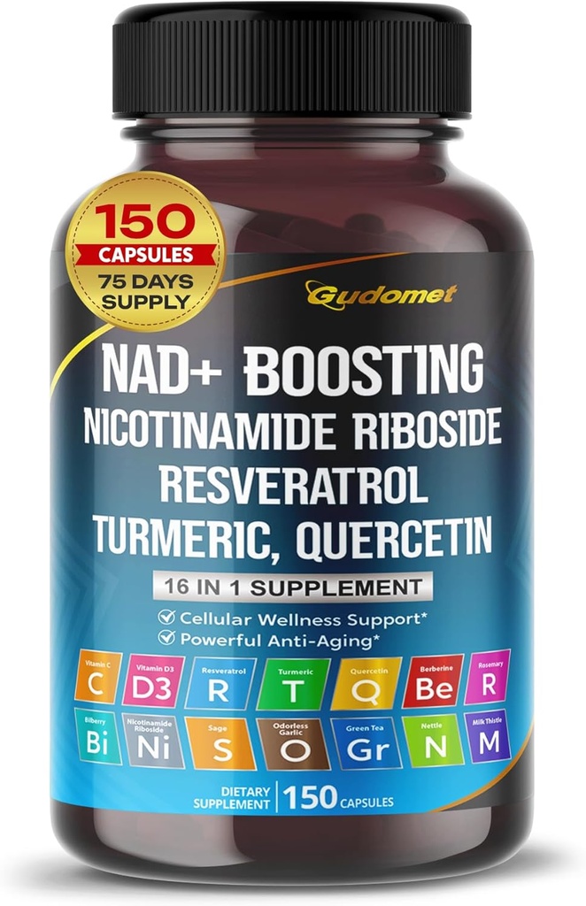 NAD + Boosting Trans-Resveratrol Turmeric Quercetin Rosemary Bilberry Sage Grønn Tea Oregano Nettle Melk Thistle Svart Pepper - 150 Kapsler- laget i USA