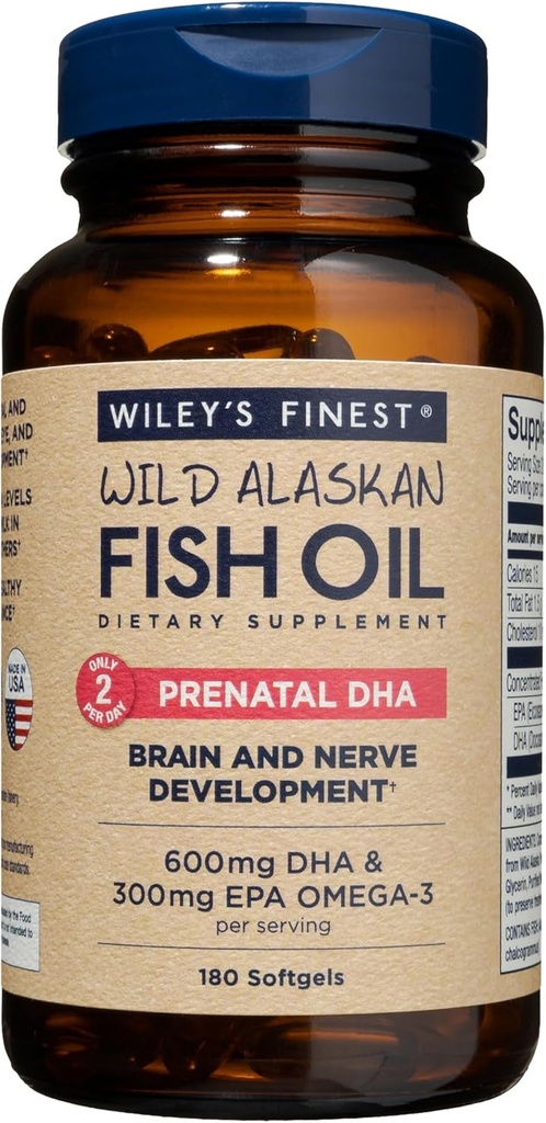 Wiley's Finest Wild Alaskan Fish Oil Prenatal DHA - 900mg EPA og DHA Omega-3s for gravide kvinner og sykepleier mødre - 180 Softgels (90 prenatal vitamin serveringer)