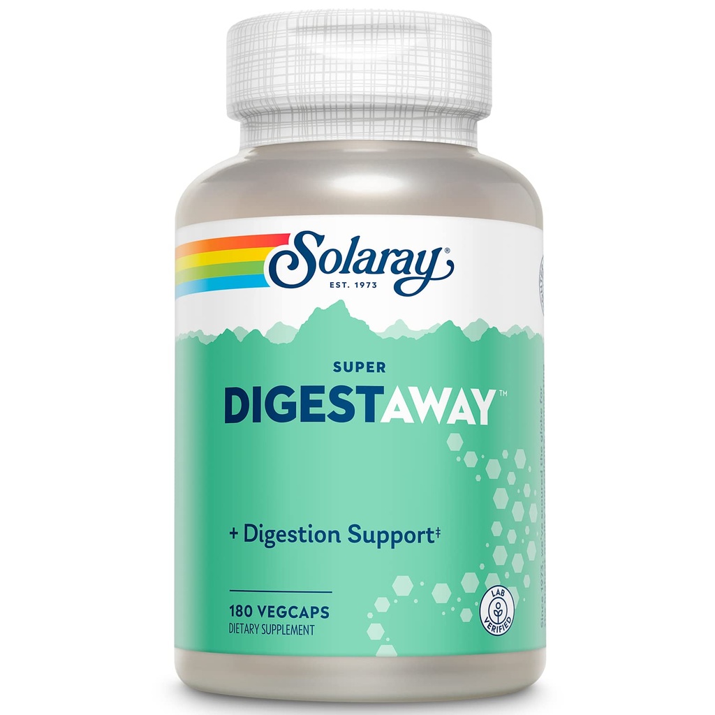 SOLARAY Super Digestaway Digestive Enzymes - Pancreatin, Papain, Ginger, Pepsin, Betaine HCl, Aloe Vera, og mer - Digestion & Nutrient Absorpsjonsstøtte - Lab Verifisert - 180 VegCaps
