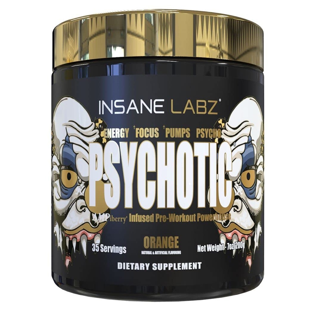 Insane Labz Psykotisk gull, høy stimulant pre trening pulver, ekstrem varig energi fokus, pumper og utholdenhet med Beta Alanine, DMAE Bitartrat, Ingen Booster (35 serveringer, oransje)