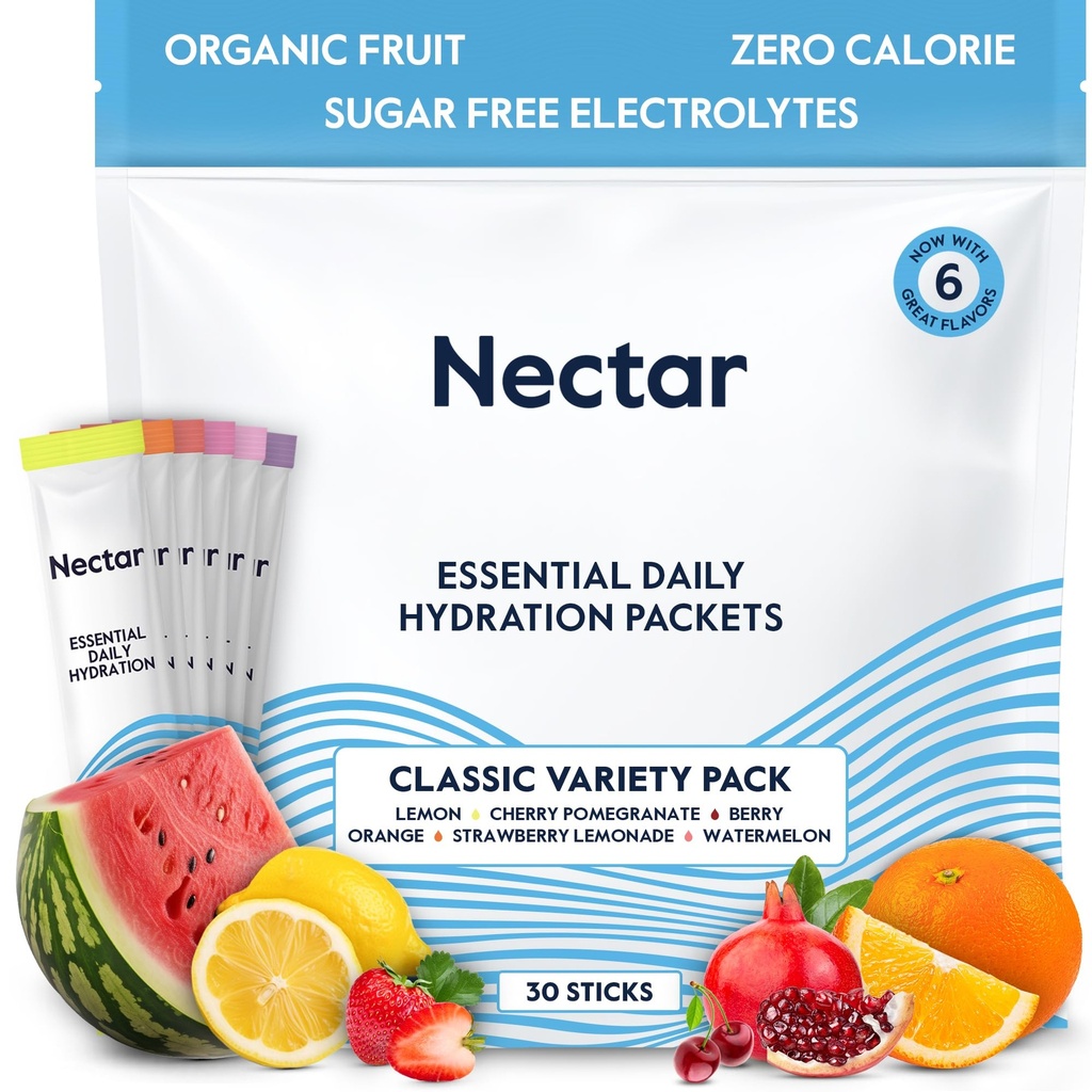 Nectar Hydration Packets - Elektrolytter Powder Packets - Sugar Free & 0 Calorie - Økologisk frukt flytende daglig IV Electrolytes pulver for dehydrering relief og rehydrering (Variety 30 Pack)