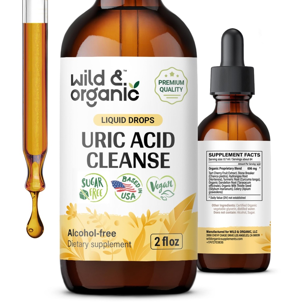 Wild & Organic Uric Acid Cleanse Dropper - Tart Cherry, Turmeric, Chanca Piedra Stone Breaker Complex for Nyre Renser - Uric Acid Support Supplement - Vegan, Sukker og alkoholfri Tinktur - 2 oz