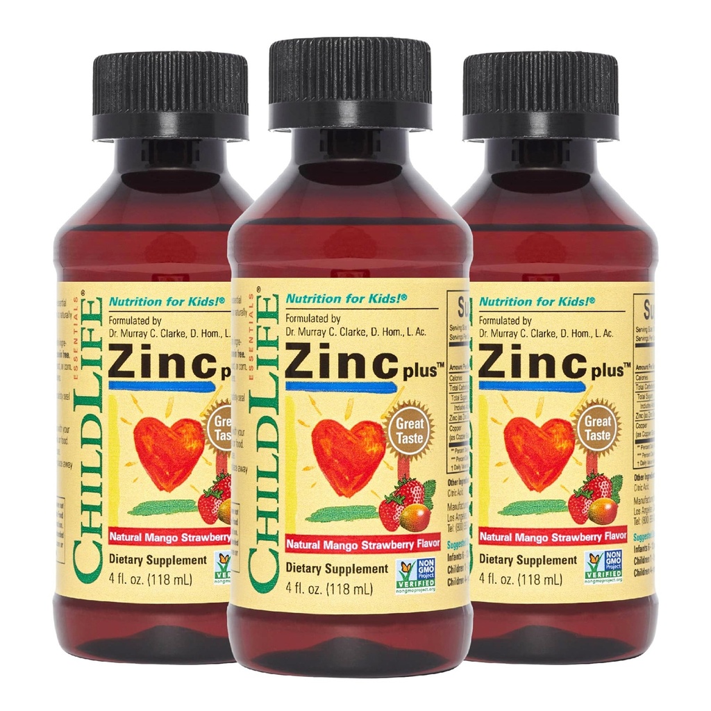 CHILDLIFE ESSENTIALS Liquid Sink Plus for barn og tilhengere - Flytende kosttilskudd dropper, sink gluconate og kobber for immunstøtte - Mango Strawberry, 4 Fl Oz (pakke med 3)