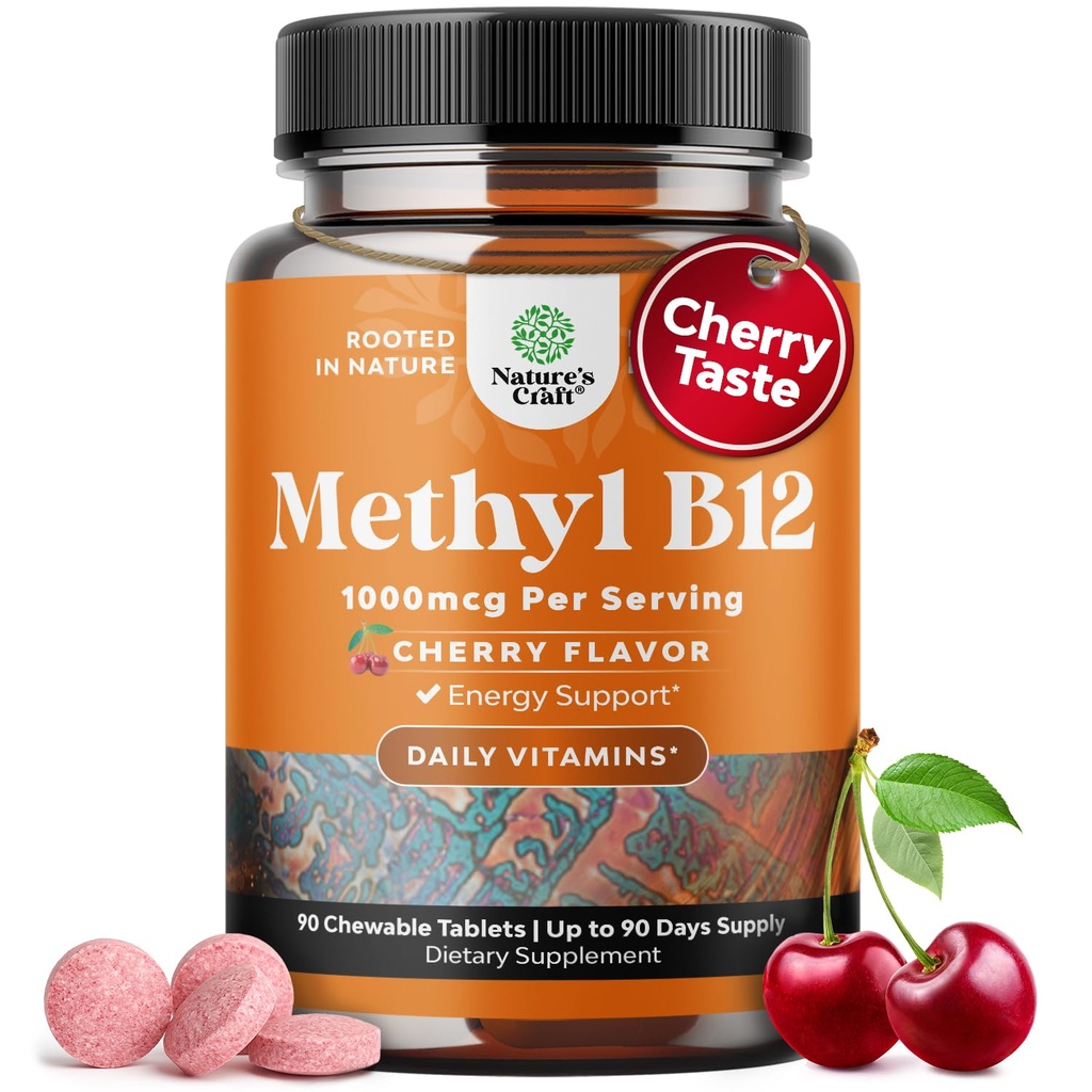 Chewable vitamin B12 1000 mcg - metylert B12 Vegansk vitamin for hjernestøtte Naturlig energi - Bone Health Eye Care og Mood Boost med hår hud og negler Halal vitaminer