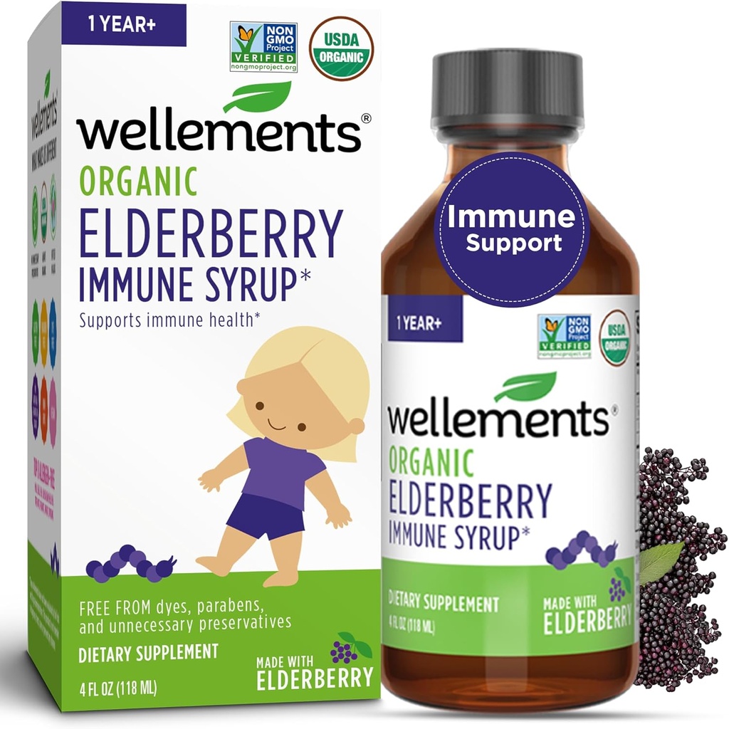 Velvære Organic Elderberry Syrup For Kids | Støtter Immun Helse * For Babyer & Toddlers, laget med Organic Elderberry, USDA Certifisert Organic & Non GMO | 1 år +, 4 Fl Oz