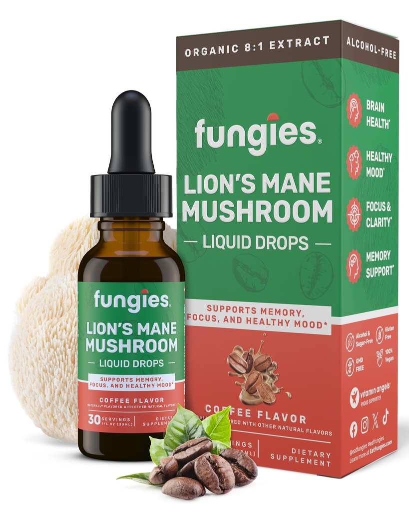 Fungies Lions Mane Mushroom Liquid Drops, Kaffe - Tinktur med Lions Mane Extract støtter hjernen tåke, fokus, minne og sunn humør - Mushroom Complex Supplement for voksne - 30 Services