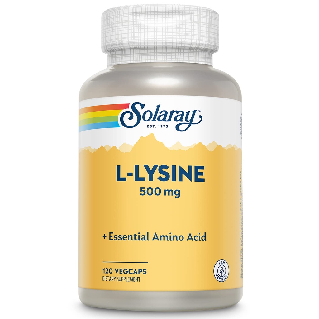 SOLARAY L Lysin 500 mg Kapsler - Free-Form Essential Aminosyrer Supplement - Kraftig wellness støtte med L-Lysine Aminosyre - Lab Verifisert, 60-dagers garanti, 120 serveringer, 120 Vegkapsler