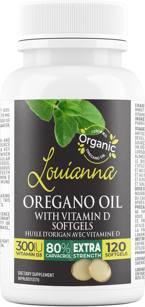 Louianna - Organic Wild Oregano olje med vitamin D, flytende Softgel kapsler med 80 prosent karvatrol, støtter dine bein, immun og gut helse, Herbal kosttilskudd, 120 Softgels