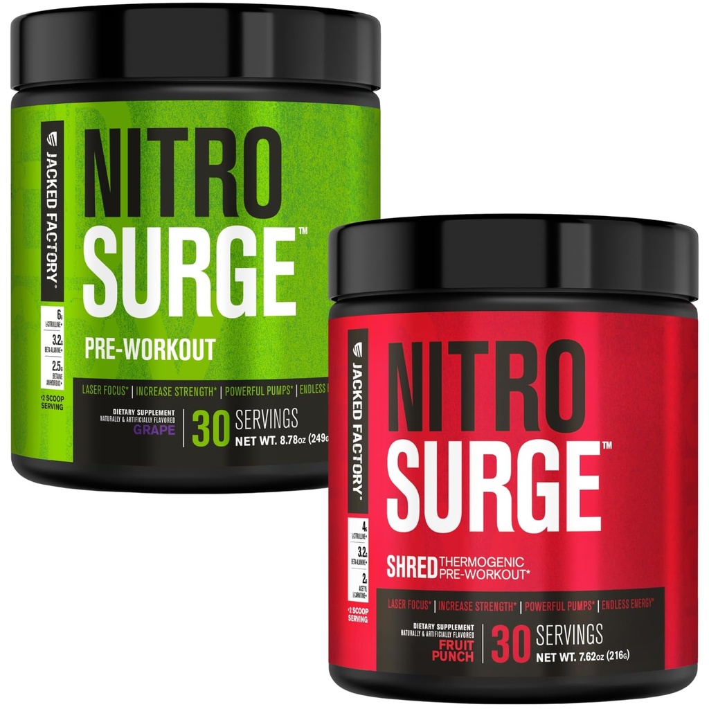 Jacked Factory Nitrosurge Pre-Workout i Grape & Fruit Punch Nitrosurge Shred Thermogenic Pre-Workout for menn og kvinner