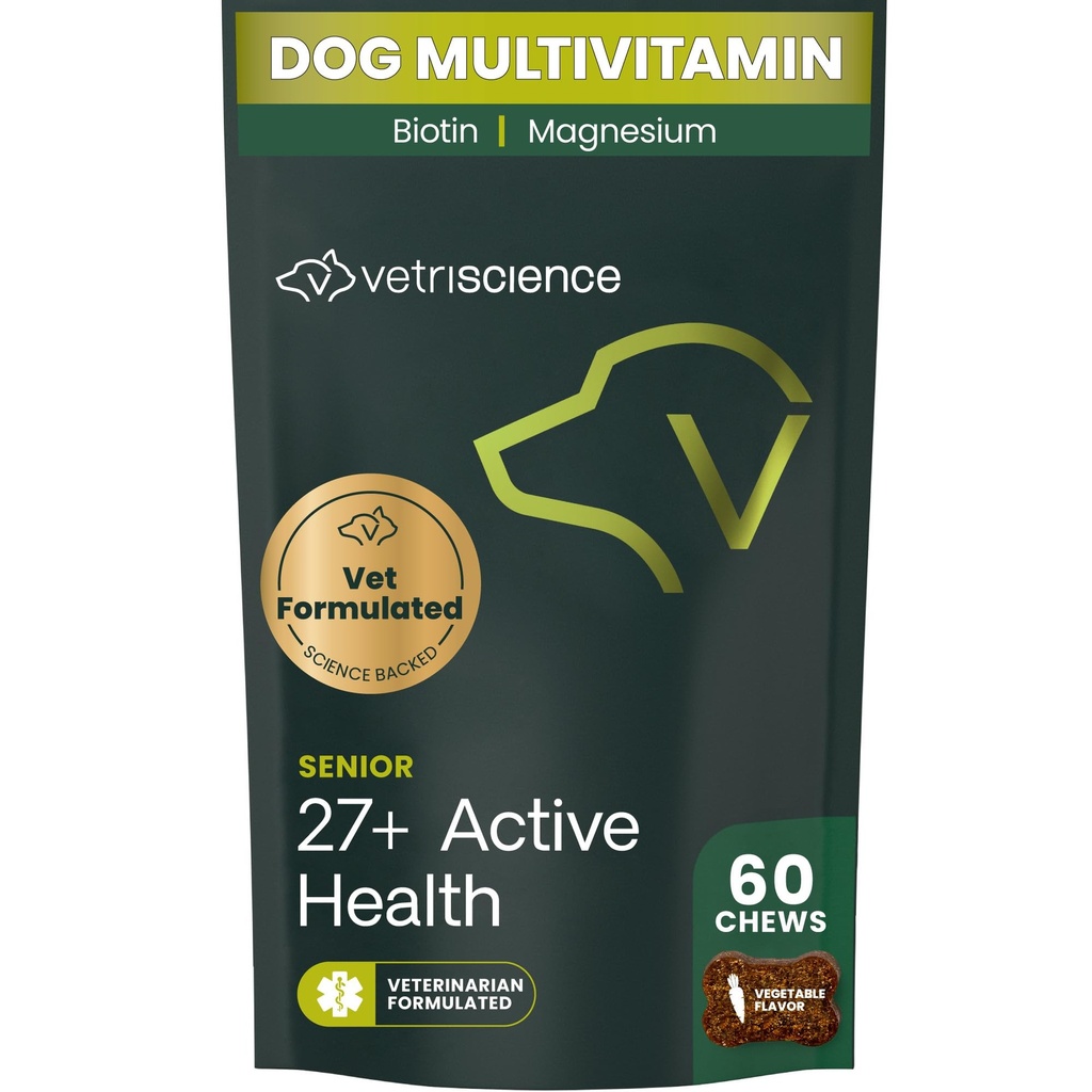 VetriScience Senior 27+ Aktive helse Chews, Canine Plus daglig multivitamin for eldre hunder, balansert vitaminer, mineraler og antioksidanter, sunn aldring og velvære støtte, Veggie, 60 greve