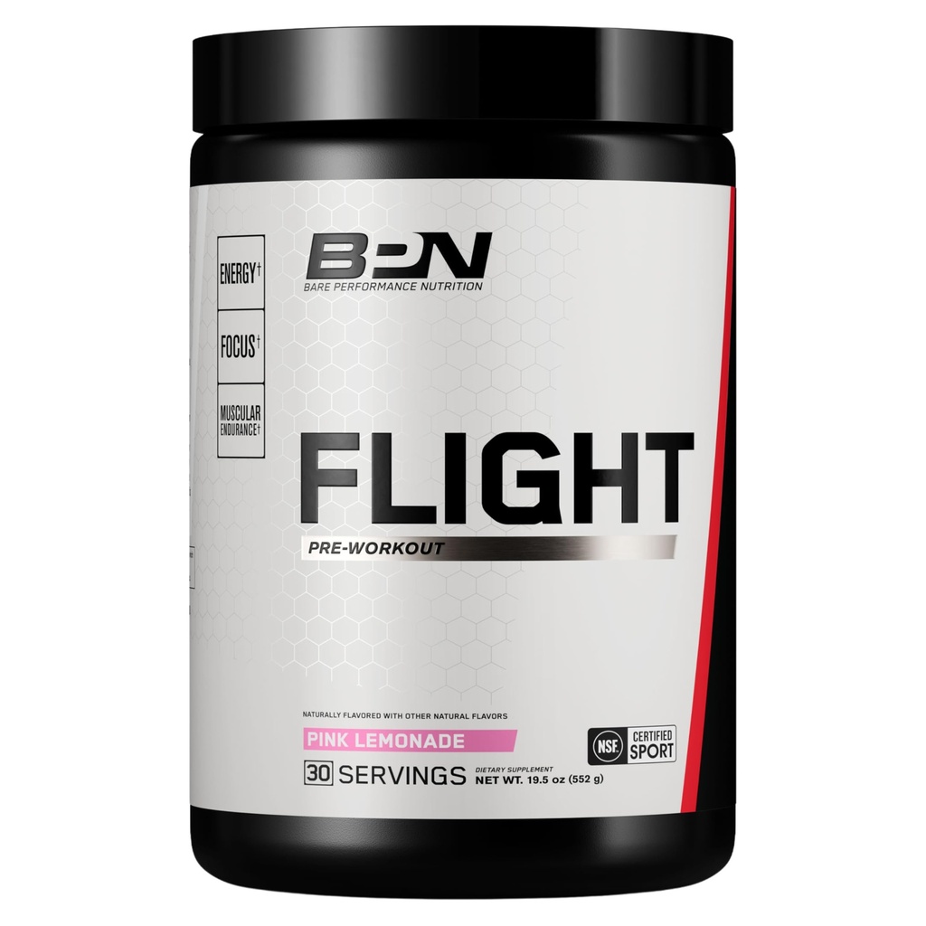 BARE PERFORMANCE NUTRITION BPN Flight Pre Workout, støtter energi og mentalt fokus, forbedret utholdenhet og muskelpumper med CarnoSyn® Beta Alanine, Pink Lemonade, 30 Services