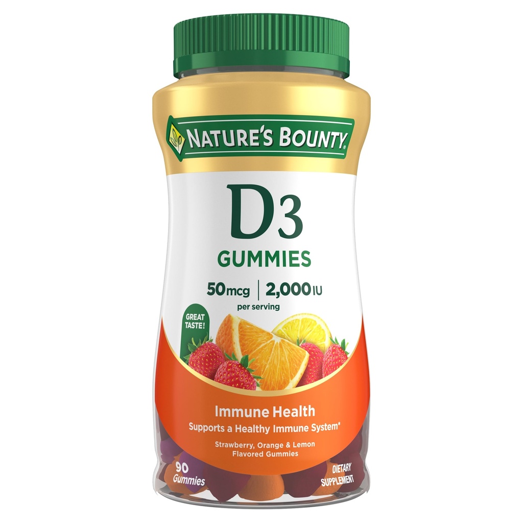 Naturens Bounty vitamin D3 Gummies, vitamin Supplement, støtter immun helse, 50mcg, 2000IU, Blandet frukt flavor, 90 Gummies
