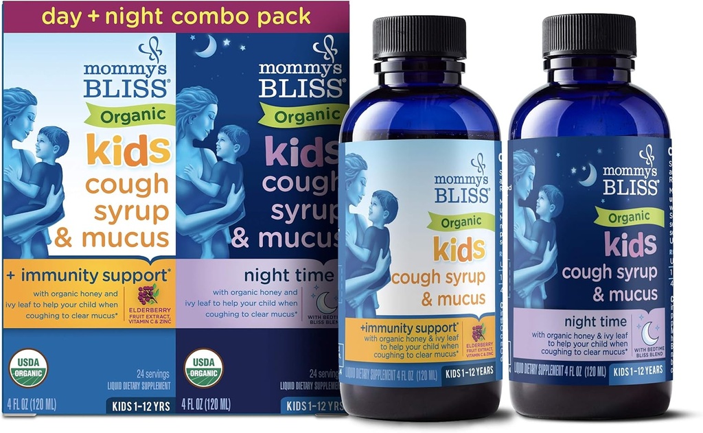 Mammas Bliss Organic Cough Syrup & Mucus for barn, dag og natt Combo Pack med vitamin C og immunisme støtte, inneholder økologisk honning og Ivy Leaf, 4 Fl Oz (Pack of 2)