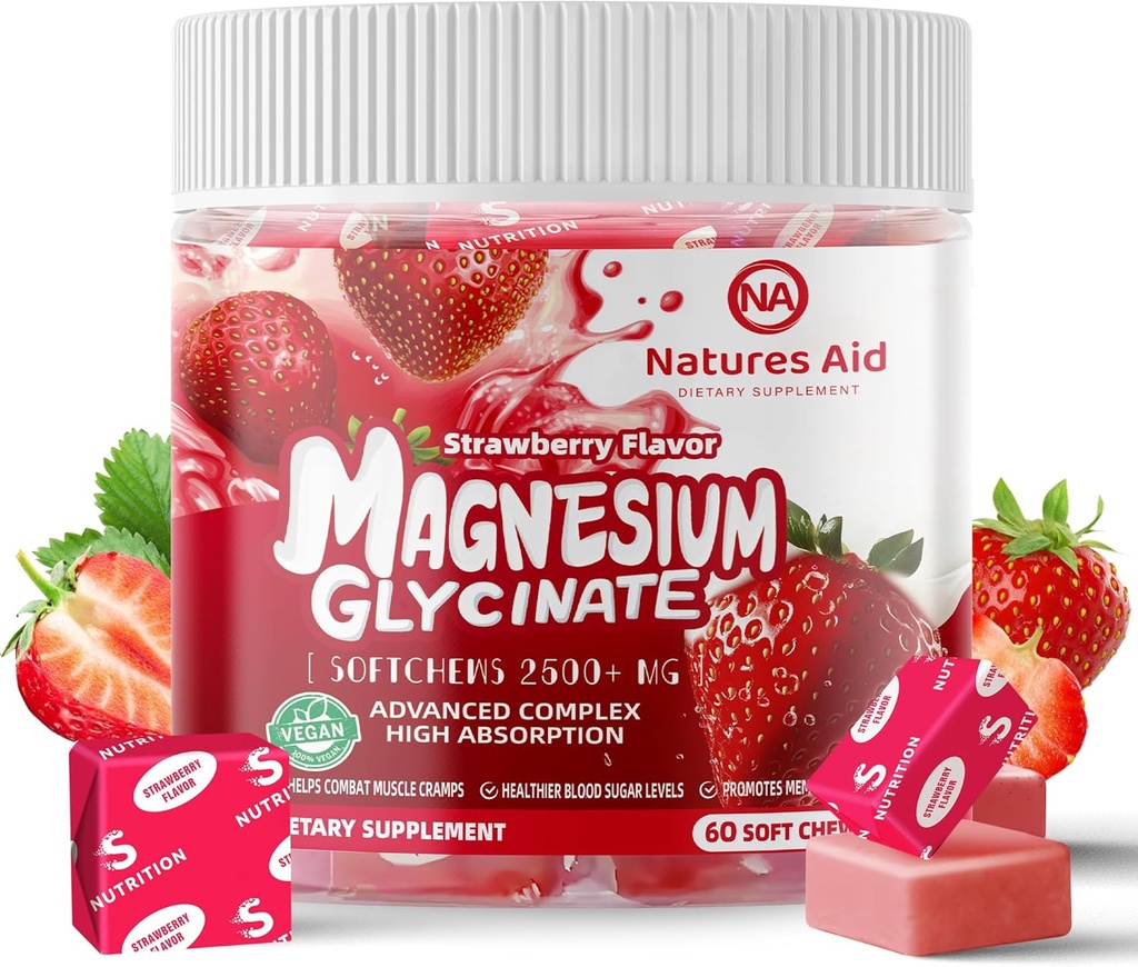 Magnesium Glycinate Mykt Chews, Jordbær Flavor. Chewable Sugar Gratis Kalium Magnesium Chews med magnesiumglycinat, vitamin D, B6 og CoQ10 for rolig støtte og søvn for voksne, 60 dagers forsyning