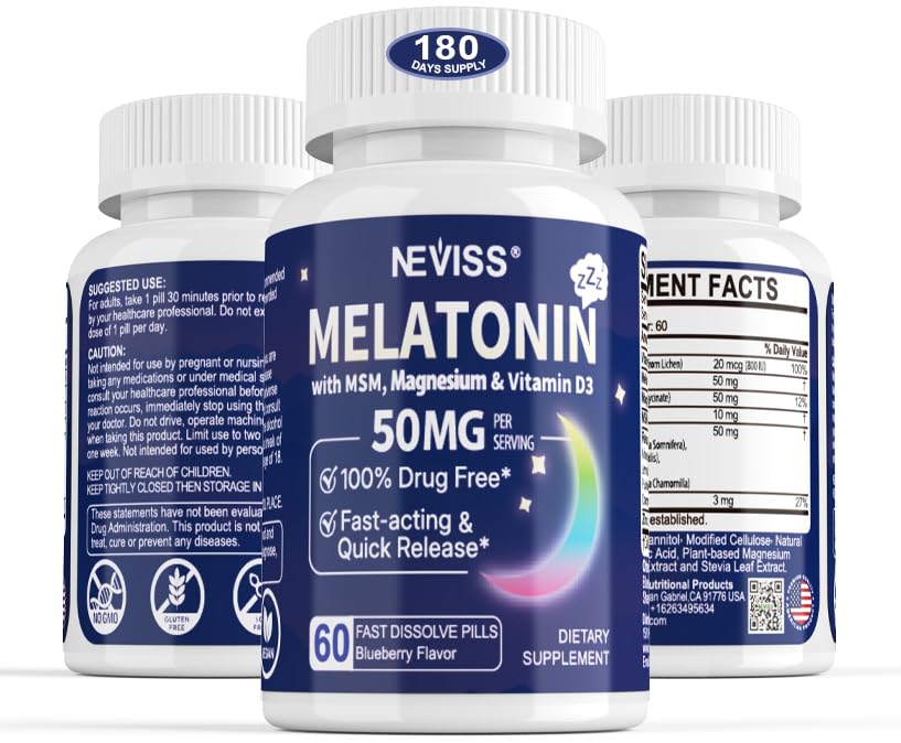 Melatonin 50 mg for voksne - Ekstra styrke 9-i-1 Fast Oppløselig Sublingual - w/Vitamin D3 & MSM, Relaxing Herbal Blend-Ashwagandha, Lemon Balm, Passionflower,Chamomile,Sugarfri, Vegan 180 Serveringer