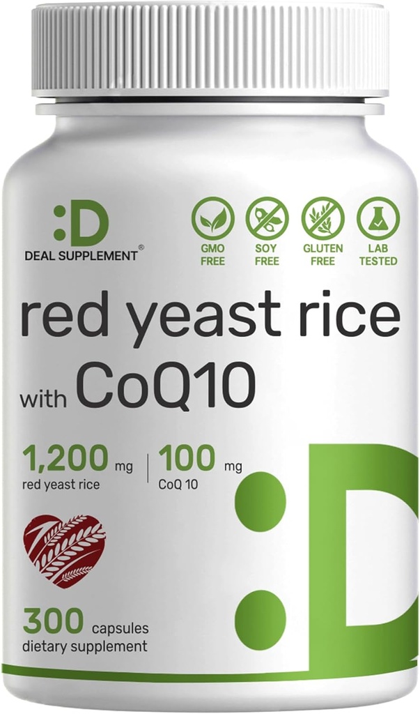 Deal Supplement Rød Yeast Rice 1200mg Per Serving med CoQ10, 300 kapsler – Antioksidant støtte – ren Monascus Purpureus pulver kilde – Citrin gratis, ikke-GMO