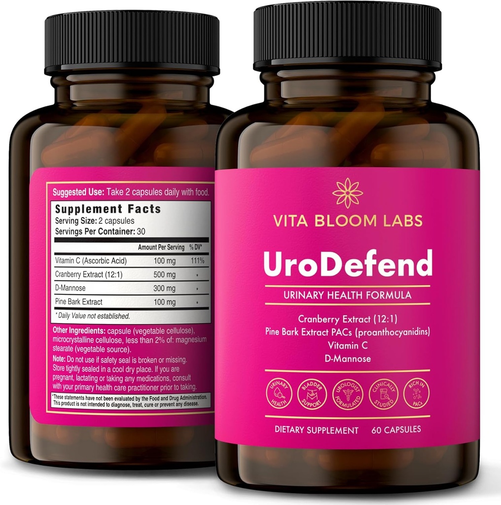 UroDefend UTI Protection Formula 中 Cranberry PACs Ō Lege Formulert Additiv Gratis + Glutenfri Ō Cranberry Extract, Pine Bark Extract, D Mannose, Vitamin C | 60 Kapsler