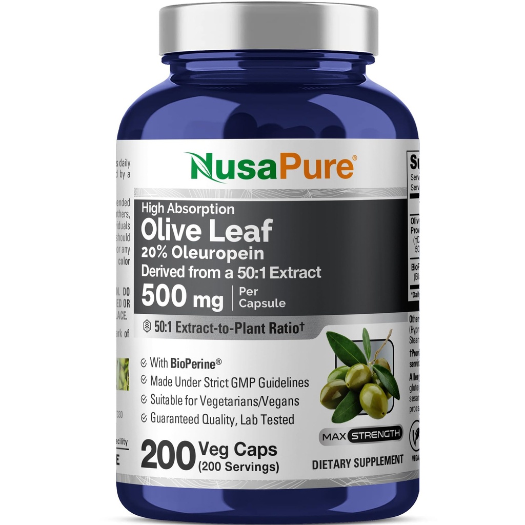 NusaPure Olive Leaf 20% Oleuropein 50:1 Ekstrakt, 500 mg Ekvivalent med 25 000 mg 200 Veg Caps egnet for vegetarianer og veganer, ikke-GMO