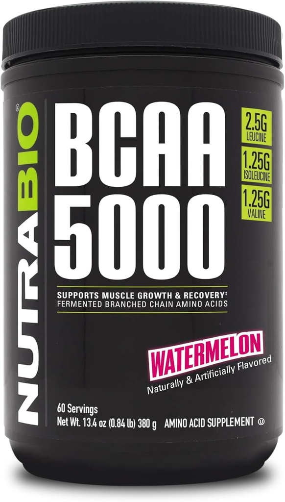 NutraBio BCAA 5000 pulver - Vegansk fermentert BCAA - støtter lean muskelvekst, gjenoppretting, utholdenhet - 60 serveringer - vannmelon