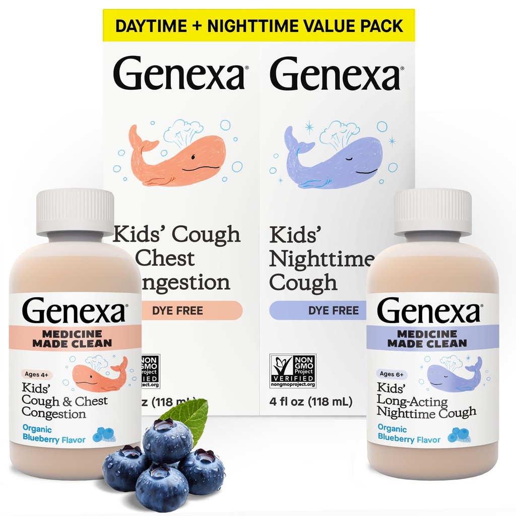 Genexa Kids' Clean Day & Night Cough Medisin, Dye Gratis, 0% Kunstige Additiver, Barneseng, Brystkongresjon, Runny Nese & Sneezing Relief, Ages 6+, Organic Blueberry Flavor, 8 fl oz (2 Pack)