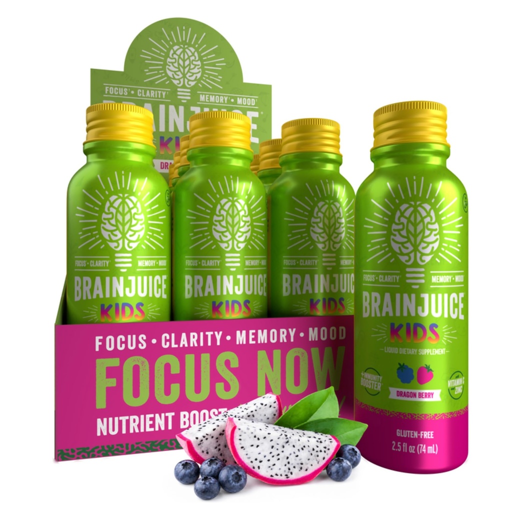BrainJuice Kids Brain & Immune Support Shot, Glutenfri Supplement Shots for energi, Fokus, Immunitet med vitamin D, C, B, Alpha GPC & Organic Ginger Root, Ages 5+, Dragon Berry, 2,5 fl oz, 12 Pack